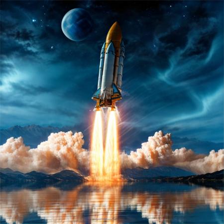 Rocket, reflection, lake, water, space, planet, no humans, ground vehicle, cloud, sky, flying, star_\(sky\), city, science fiction , super-reaslitic, 8k, best quality, moon,  <lora:rocketStart:0.95>