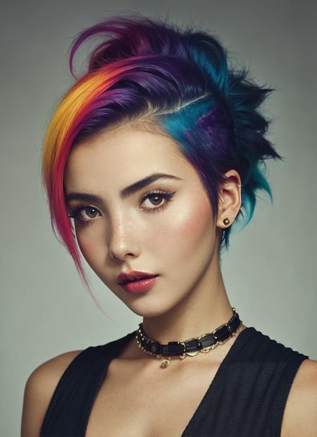 portrait of sks woman by Flora Borsi, style by Flora Borsi, bold, bright colours, rainbow Mohawk haircut, ((Flora Borsi)), <lora:locon_andreabotez_v1_from_v1_64_32:1.25>