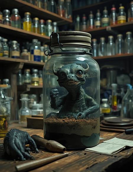closeup photo monsters in a jar. Small but frightening and fierce creatures in the dark laboratory of a human mad scientist from 1955,  orderly but full shelves line the walls with inscrutable tools and jars and test tubes filled with odd colored fluids and small alien objects. Jar of monsters in the foreground and lab space in the background. 