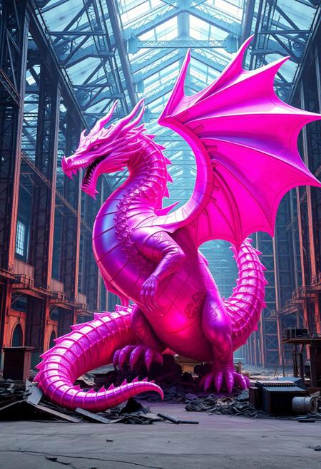 (low quality:-1.2), dragon, abandoned factory, recursive shapes, multichromatic colors, (disjointed anatomy:-1.3), (bad composition:-1.3), stark lighting, rigid structure, (overloaded multichromatic colors:1.6), (overly ornate:-1.5), saturated hues, diverse color palette, (smooth surfaces:-1.4), (soft lighting:-1.2), (noisy:-1.1), infinite geometry, minimalist design, intricate fractal structures, exaggerated features, psychedelic tones, (blurry:-1.2), sculptural appearance, vibrant, (polished:-1.3), (ugly:-1.3), intersecting planes, photorealism, minimal details, unsettling, (emphasis on sharp geometric form:1.6), fractured geometry, unrefined textures, neon glow, sharp and jagged geometric patterns, angular geometric forms, high resolution, primal aesthetic