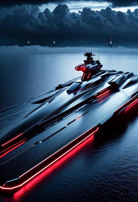 A massive futuristic battleship made entirely of carbon fiber, floating on dark, misty waters at dusk, detailed carbon fiber weave texture covering the hull, sleek and angular design, reflective black surface with glowing red and blue lights along the edges, high-tech antenna arrays and radar domes, cyberpunk style atmosphere, storm clouds in the background, dramatic cinematic lighting, ultra-detailed, 8k resolution, surreal sci-fi naval engineering aesthetic, cf_style