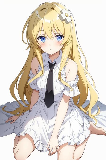 white background,Kisaragi Alice,wariza,x hair ornament,white dress,facing viewer, barefoot,