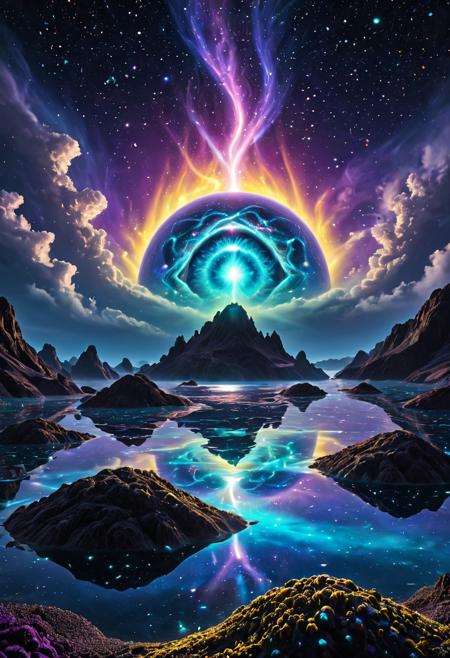 masterpiece, best quality, ultra-detail, extremely aesthetic, absurdres, high-quality cinematic, dynamic lighting, vivid and rich colors, ethereal glow, mystical light, dreamlike atmosphere, surreal elements, otherworldly landscapes, transcendental serenity, shimmering particles, grand scale, expansive landscape, atmospheric depth, dramatic background lighting,
A breathtaking, surreal cosmic digital painting of floating islands suspended within a bioluminescent nebula. **Color palette: Deep space blues, cosmic purples, stardust yellows, bright star-like glows, and swirling nebular patterns.** **Style: Cosmic, celestial, grand, majestic, surreal, dreamlike, astronomical art.** The islands themselves subtly glow, acting as anchors in a swirling, vibrant cloud of light that resembles a giant cosmic eye. Distant galaxies glimmer, adding to the immense scale and otherworldly beauty of the scene.
