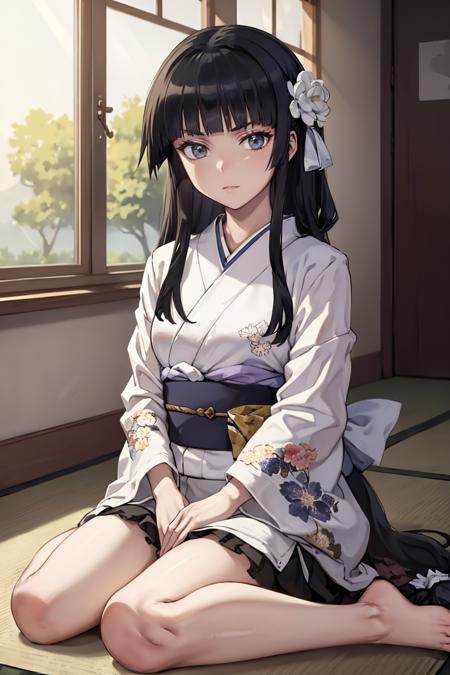 masterpiece, best quality, absurdres, UmeShiraume, low-tied long hair, white ribbon, indoors, kimono, hair flower, floral print, wariza, sitting, hands on own knees, <lora:UmeShiraume:1>