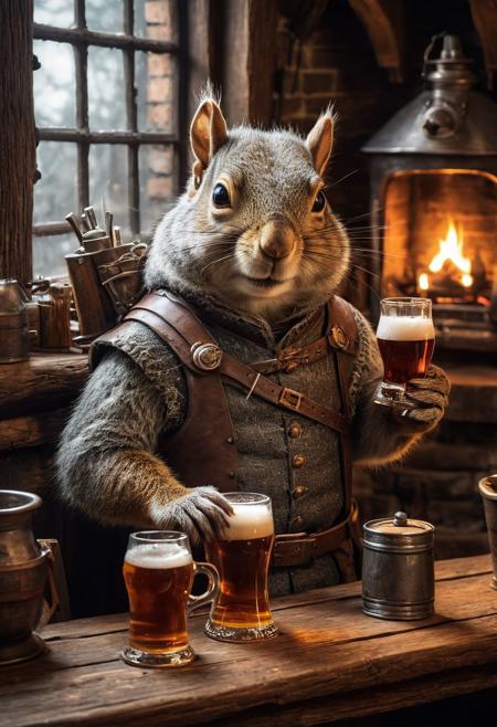 fantasy anthropomorphic a grey-squirrel warrior in dark tavern holding a pint of ale in a cozy environment with gas lamps rustic wood warm brick fireplace and frosted glass windows