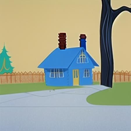 hanna barbera, blue house, white roof, blue sky, pathway, garden, fence <lora:civilization:1>  <lora:hannabarberan:0.6> stylized