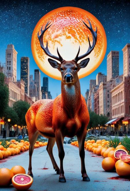 masterpiece, best quality, very aesthetic, absurdres,(score_9, score_8_up, score_7_up), createconcept, addmicrodetails, blood orange style, epic background, nightsky cityscape landscapes with colorful blood orange, a (deer) made out of blood orange, glowing eyes, vivid eye color, (beautiful eyes:1.2), (gradient iris, crisp iris edges), confident pose, action dynamic pose, lazypos