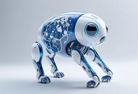 A robotic pet companion with AI intelligence in chromatic blue and polished white, in the style of ray tracing, photorealistic detail, delicate constructions, organic nature-inspired forms, delicate sculptures, fluid, concept art, close-up shots