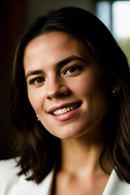 Realistic photo of a beautiful h4yl3y4-v1 woman,   1girl, solo, long hair, looking at viewer, smile, brown hair, brown eyes, upper body, parted lips, teeth, lips, portrait, forehead, realistic, nose, soft lighting, professional Photography, Photorealistic, detailed, RAW, analog, sharp focus, 8k, HD, DSLR, high quality, Fujifilm XT3, film grain, award winning, masterpiece<lora:h4yl3y4-v1:1.0>