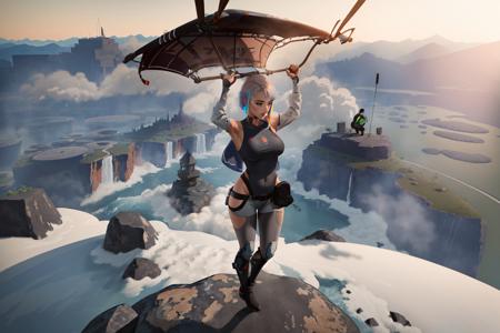 Highly detailed, High Quality, Masterpiece, beautiful, Paragliding, <lora:Paragliding-08:0.8>, 1girl, solo, arms up, flying, in the air, holding, holding with both hands, sfrontview, wide shot, lucy \(cyberpunk\), bodysuit, breasts, multicolored hair, short hair, medium breasts, black bodysuit, grey eyes, hip vent, clothing cutout, covered navel, (white jacket:1.1), bare shoulders, (short shorts:1.1), <lora:Char_Cyberpunk_Lucy:0.6>, full body, (detailed face and eyes:1.3)