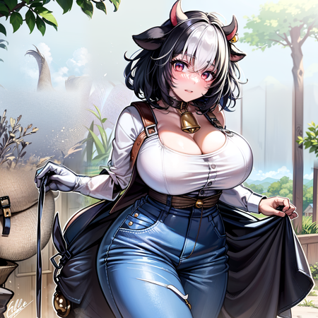 The character, a half-female half-cow solo, overalls with a bell at the neck with short black hair lives in a rural community where she came across her unique appearance. (huge breasts: 1.2) How does he deal with these challenges and become more accepted by the community