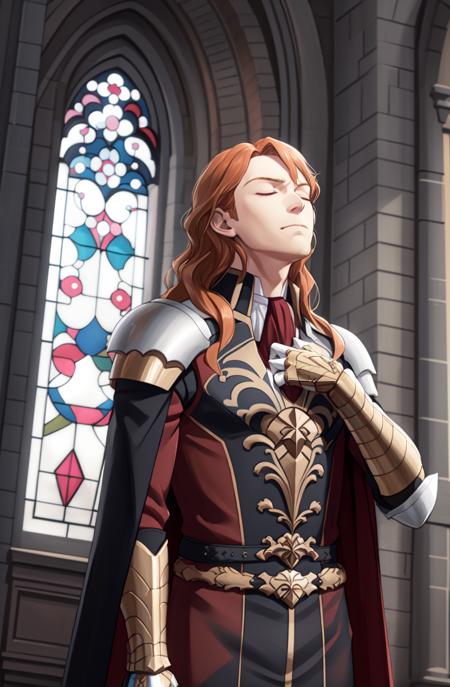 masterpiece, best quality, detailed background, indoors, cathedral, stained glass windows, looking up, closed eyes, serious, volumetric lighting, sunglight, side view, cowboy shot, hand to chest, <lora:FerdinandvonAegir:0.7> ferdinandvonaegir, 1boy, solo, long hair, armor, cape