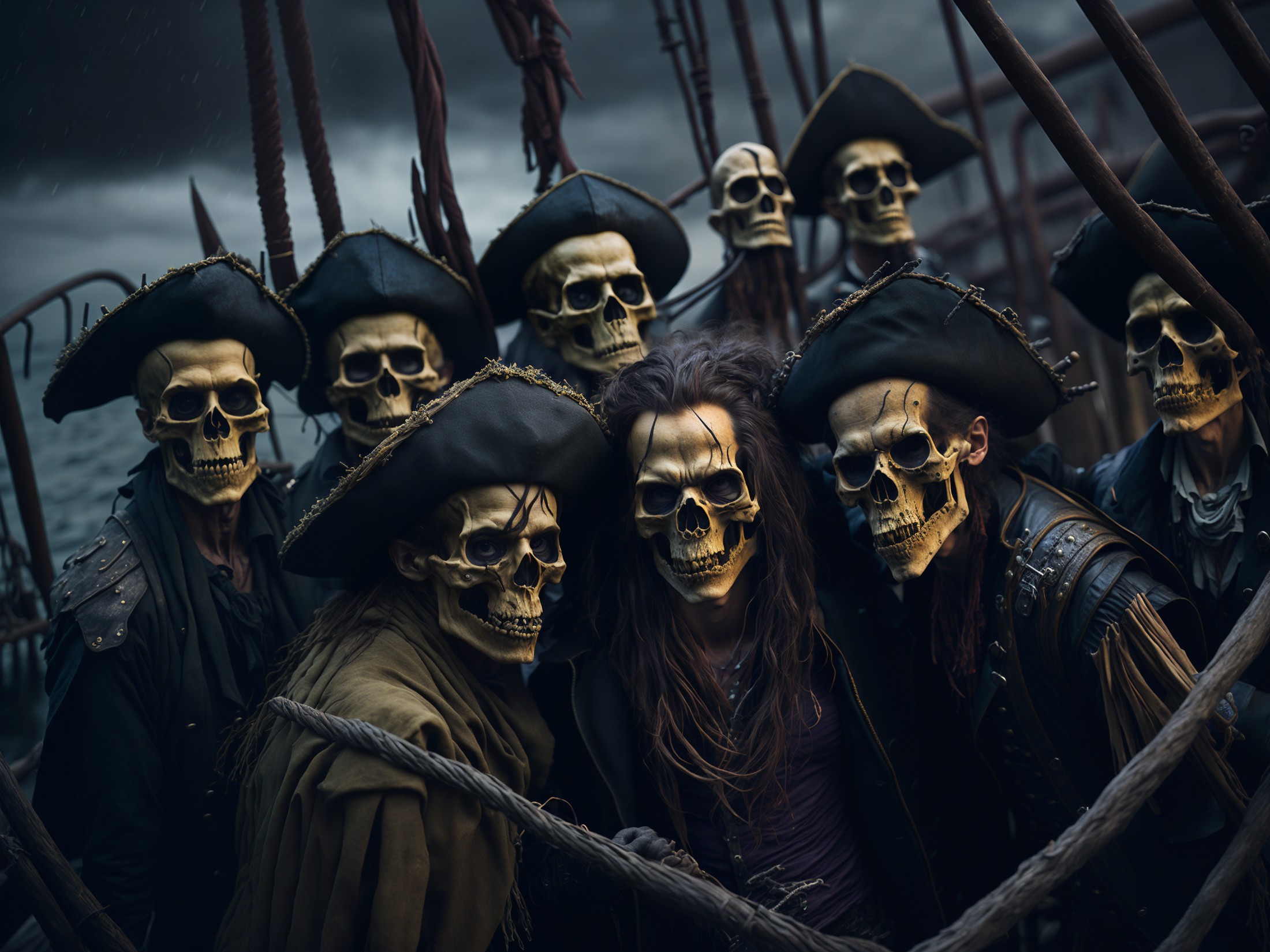 [1800 pirates on a pirate ship taking a selfie:award winning photo of a skeleton pirates on a pirate ship, rainy storm, go...