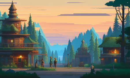 pixelart stylized environment forest city russian large city sunset at night , with people walking around, fine details, award winning image, highly detailed, 16k, cinematic perspective, ((video game environment concept art style)), pretty colors, asymmetrical camera composition, cinematic environment, cinematic movie atmosphere <lora:PIXHELL_21:1>