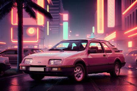 analog gloomy photo of a red Ford Sierra car, <lora:s13rr4:1>, racing down a neon highway at night, outrun, synthwave, retrowave, purple sky, pink and cyan lights, palm trees, flamingos, ((cyberpunk)), High Detail, Sharp focus, ((photorealism)), realistic, best quality, 8k, award winning, dramatic lighting, epic, cinematic, masterpiece