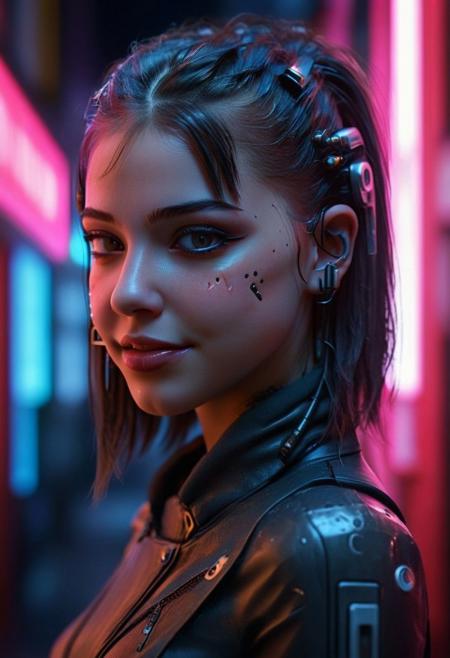 Visualize a professional, (Utopia,city:1.0), (Smile:1.0),high-resolution, mid-body portrait that brings to life the nuanced realism of a young woman with Android characteristics, amidst the distinct ambiance of a Utopia city. This photograph, captured with an advanced digital SLR camera, is renowned for its exceptional detail resolution and depth of field capabilities. Special attention is given to the woman's skin and eyes, aiming for an unparalleled level of realism that highlights the texture of her skin and the depth of her eyes, making them the focal points of the composition. The wide aperture setting ensures the subject is crisply in focus, with the city's neon-infused backdrop beautifully blurred, providing a contrast that accentuates the subject's features. The selection of the scene demands creativity and diversity, moving away from clichd representations to capture unique moments within the cyberpunk setting that are rich in detail and emotion. Advanced lighting techniques are employed to illuminate the skin and eyes vividly, showcasing the interplay of light and shadow that defines the contours and expressions. The aim is to create a portfolio of images that explore a variety of scenarios, expressions, and compositions, each telling its own story of the symbiosis between human and technology in a future world."8k,35mm, fflixdocphoto