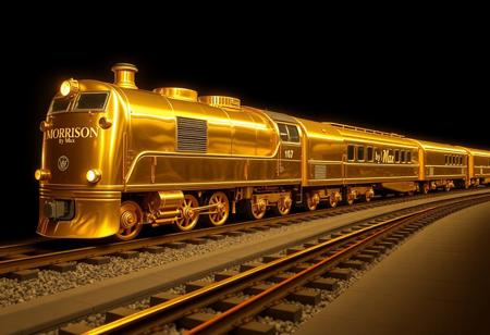 “A train made entirely of gold, with a warm, radiant glow and a smooth, lustrous finish, travels along a railway. The lead car of the train bears the inscription ‘MORRISON’ in bold, stylized letters, seamlessly integrated into its gleaming surface. Following closely behind is another car with the inscription ‘by Max,’ also crafted from gold and shimmering in the light. The surreal train, captured in stunning detail through Panavision Prime Aspherical cinema lenses, moves along the tracks with an opulent display of golden brilliance, as if the precious metal itself has taken the form of a locomotive.”