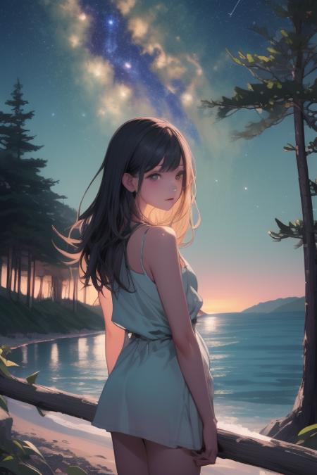 beatiful background, night, star, forest , sea, A girl at a distance