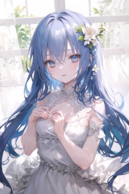 (masterpiece, best quality), <lyco:[LoHa]style-onineko v2:0.8>
style_onineko, quality_best, from above, upper body, (depth of field), looking at viewer, 1girl, blue hair, long hair, hair flower, white flower, blue eyes, blush, parted lips, light smile, lace-trimmed dress, white dress, (hands on own chest), indoors, window, curtains