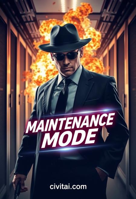 movie poster, realistic secret agent in a suit, server room exploding in background, trendy title card with the text "Maintenance Mode", watermark at the bottom with the text "civitai.com"