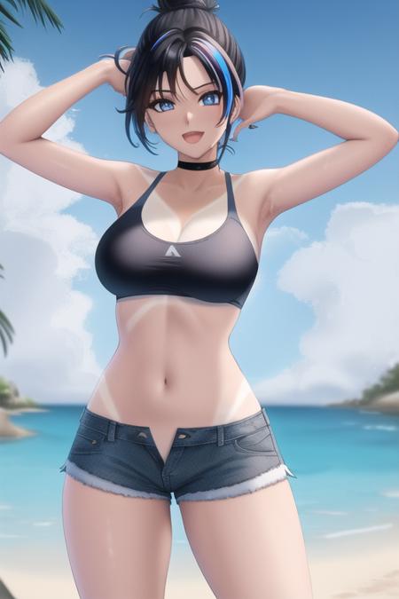 <lora:Wraith_(apex_legends):.6> wraith (apex legends), 1girl, arm strap, arm up, bare shoulders, beach, bikini, bikini tan, bikini under clothes, black choker, black hair, blue shorts, breasts, choker, cloud, colored tips, cowboy shot, cutoffs, denim, denim shorts, gradient hair, halterneck, hat, highleg, highleg bikini, large breasts, looking at viewer, medium breasts, micro shorts, midriff, multicolored hair, nail polish, navel, ocean, open mouth, outdoors, short shorts, shorts, sky, smile, solo, standing, stomach, string bikini, swimsuit, tan, tanlines, thighs, underboob, wet, white bikini, white headwear