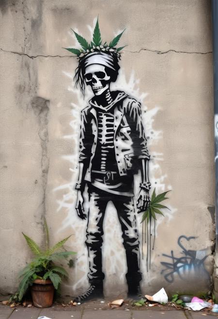 <lora:Banksy Style:1> Banksy Style page, banksy stencil print of a homeless punk skeleton wearing a simple crown, leaning against a wall, wearing bandanna ,    simple background, marijuana leaf tattoos,