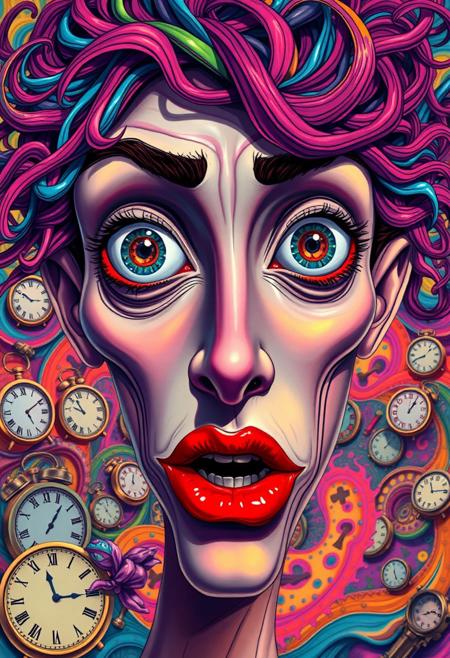 A hyper-stylized anime face, blending the surreal, dreamlike qualities of Surrealism with the bold, vibrant colors of Pop art. The face is distorted, with elongated features and a melting, Dalí-esque quality to the skin. The eyes are large and expressive, with swirling, psychedelic patterns that seem to shift and writhe like living things. The mouth is a bright, poppy red, with a subtle, gradient effect that gives it a sense of depth and dimensionality. The hair is a wild, abstract tangle of colors, with strands that seem to defy gravity and float off into the surrounding environment. The background is a swirling, surrealist landscape of melting clocks, distorted objects, and other bizarre, dreamlike imagery. The overall effect is one of vibrant, eye-popping energy, as if the viewer is gazing into a kaleidoscope of colors and patterns. highest-Quality, intricate details, visually stunning, Masterpiece