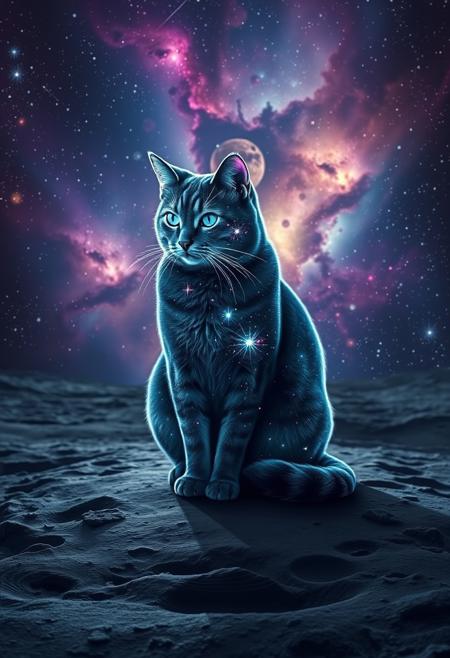 Create an image of a majestic, cosmic cat sitting on the lunar surface. The cat’s fur should shimmer with deep blues and purples, resembling the night sky, with stars subtly twinkling throughout its coat. Its eyes are vast galaxies, swirling with bright nebulae, stars, and cosmic dust. The lunar surface beneath the cat is detailed with craters and rocky textures, reflecting the light of a distant star. In the background, the cosmos is vibrant and alive, with colorful nebulae, distant galaxies, and clusters of stars filling the sky, creating a sense of infinite depth and wonder. The overall scene should feel otherworldly, mystical, and awe-inspiring.