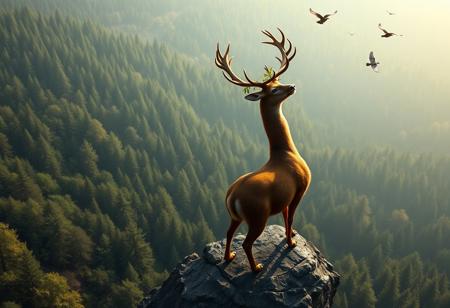 A picture of mystical deer, god of the forest standing on a rock protruding from an immense forest. The deer is larger than a common deer, with majestic antlers. From its antlers, a few leaves grow. Its coat is thick and brown with golden highlights. He looks like a god. he looking at the sky. The forest is dense, you can't see the ground. There are few birds flying in the sky around the deer. The view is from the sky.