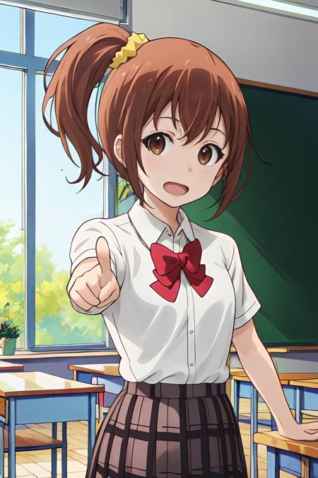 (masterpiece, best quality:1.2), highres, 1girl, solo, open mouth, 
Kanakana_V1, brown hair, short hair, side ponytail, brown eyes, hair ornament, yellow scrunchie, 
school uniform, white shirt, short sleeves, red bowtie, pleated skirt, plaid skirt, 
standing, pointing at viewer, 
indoors, school, classroom, looking at viewer, 
<lora:add_detail_CyberAlchemist:0.4>, <lora:GoodHands-beta2:1>, <lora:KanakanaV1_1-000026:0.9>