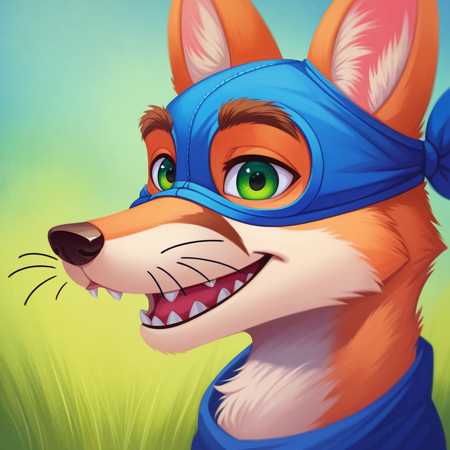 yellow_eyebrows sharp_teeth Swiper_the_fox black_nose black_eyes green_eyes orange_fur yellow_muzzle whiskers yellow_belly blue_bandana_mask blue_gloves bushy_tail