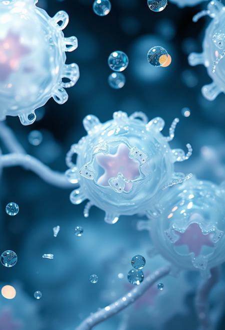 An ethereal, close-up view of alien bacteria engaged in a water hydroforming process, designed to terraform an alien landscape. The scene is inspired by Miki Asai’s delicate and poetic microscope photography. The alien specimens are hyper-detailed, translucent, and iridescent, with intricate patterns. The environment includes glistening droplets of water, reflections, and otherworldly textures. The lighting is soft and surreal, with a dreamlike atmosphere reminiscent of Miki Asai’s visual style. Trending on ArtStation, the style integrates fantastic realism with sharp focus, creating a studio-quality photograph. Highly detailed textures with intricate reflections by Greg Rutkowski.