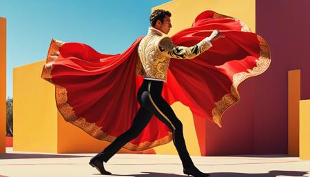 dramatic matador in ornate gold-embroidered jacket, tight black pants, looking down to his left with intense concentration, holding a red cape swirling dramatically around him, graceful dancer-like pose, one arm extended holding cape, body twisted in elegant motion, traditional Spanish bullfighter outfit,, vibrant acrylic painting style, bold flat colors, clean geometric compositions, bright California sunlight, crisp shadows,  saturated color palette, smooth gradients, minimal detail work, contemporary pop art influence, architectural precision, optimistic 1960s atmosphere,