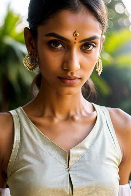 Very close_up portrait of a beautiful slender athletic woman yoga posing in the style of erotic tamil nadu apsara sculptures. lit by the extreme sun light on a bright sunny day, she is wearing a shoulder Capsleeved traditional indian KURTA dress