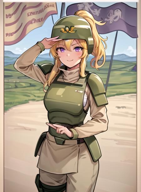 best quality, (masterpiece),(ultra-detailed), (high quality), (high resolution), <lora:CadiaChan-10:0.7>,1girl, blonde hair, border, breasts, cadiachan, , flag, beige pants, green helmet, index finger raised, long sleeves, smile,purple eyes, military uniform, armor, beige shirt, ponytail,  beige skirt, Military helmet,