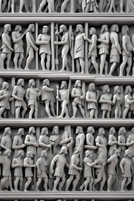 <lora:BAS-RELIEF:1>BAS-RELIEF - Detailed repeating pattern of humans in stone, trim for the top of a building, black and white, Direct straight on perspective