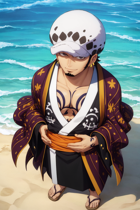 masterpiece, best quality, 1boy, tdlwano, black hair, hat, chest tattoo, earrings, facial hair, long sideburns, goatee, japanese clothes, kimono, over shoulder, , full body, view from above, looking at viewer, smile, solo, sea, sand, tropical island background <lora:TrafalgarDLawWano:1>