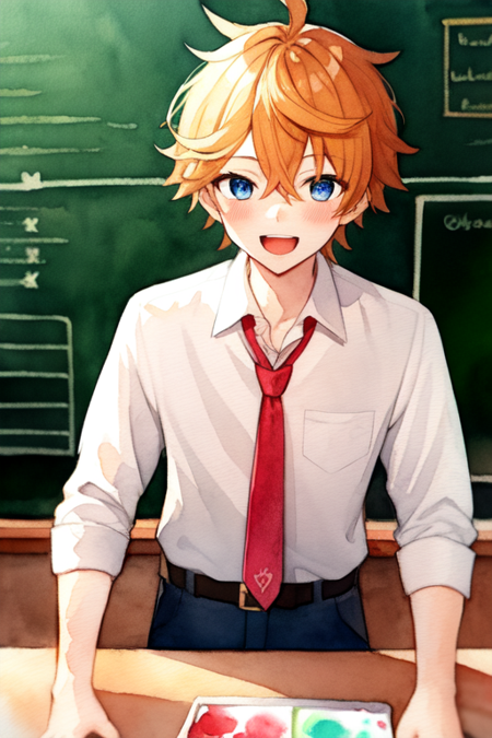 classroom, desk, indoors, necktie,tartaglia, 1boy, male focus, solo,child body,shota,orange hair,hair between eyes,blue eyes, shirt, school desk, smile, white shirt, black hair, yellow eyes, looking at viewer, pants, chalkboard, belt, blush, open mouth, short hair, school uniform, collared shirt,(style:sketch:1.2),(style:watercolor:1.4),noise,