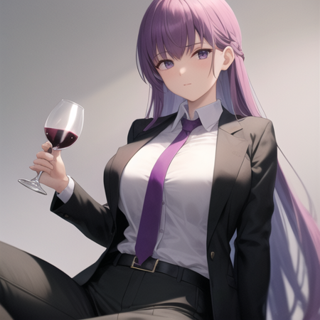 sophia fe, <lora:Sophia_FE-10:0.6>, 1girl, solo, breasts, looking at viewer, large breasts, simple background, shirt, long sleeves, white background, holding, sitting, very long hair, white shirt, necktie, alternate costume, collared shirt, belt, pants, cup, black jacket, black pants, formal, suit, holding cup, alcohol, drinking glass, wine glass, wine, purple necktie, black suit, pant suit