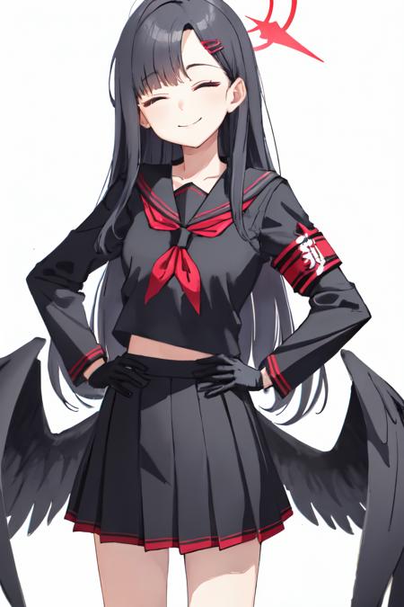 ichika ba, serafuku, hand on hip, closed mouth, solo, pleated skirt, gloves, black shirt, wings,  ^_^, red neckerchief, black gloves, armband, shirt, facing viewer, low wings, school uniform,  halo, long sleeves, simple background, long hair, black hair, hair ornament,  1girl, black skirt, black serafuku, very long hair, skirt, closed eyes, smile, white background, feathered wings, black wings, sailor collar, hairclip<lora:ichika_ba:1>