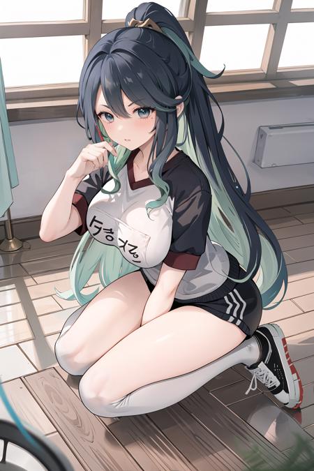 1girl, xianyun \(genshin impact\), gym uniform, buruma, kneehighs, sneakers, wariza, from above, wooden floor, blush, glaring, depth of field, masterpiece