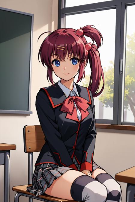 (masterpiece, best quality:1.2), solo, 1girl, saigusa haruka, smile, looking at viewer, sitting, chair, side ponytail, hair bobbles, school uniform, bow, plaid skirt, striped thighhighs, indoors, classroom <lora:littlebusters_saigusa-10:1>