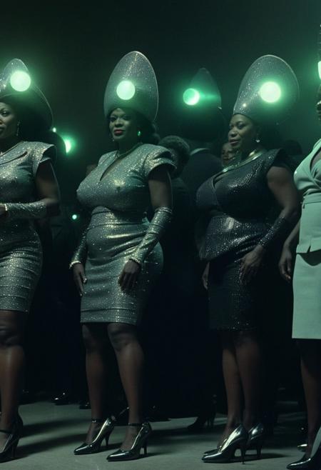 ultra realistic 
Dark Sci-Fi.  faded film, desaturated, 35mm photo, grainy, vignette, vintage, Kodachrome, Lomography, stained, highly detailed, found footage
 group of ((70 years old ((top heavy))) african american women wearing heels:1.80) 
standing in a line as they prepare to invade a  megachurch. The (women's eyes are glazed over:1.80), with a hint of a trance-like state, suggesting they are under the control of the MKULTRA program.
In the background, a large megachurch stage. However, the atmosphere is tense and foreboding, as if the women are about to disrupt the peaceful lives of the townspeople.
(Each woman is holding a (((mysterious device that glows with an eerie, pulsing light))). The devices seem to be emitting a strange energy that is affecting the african american women, further emphasizing their trance-like state.:2.0)
(thick thighs:1.8) (Massive breasts:1.6) (evil smile:1.8)