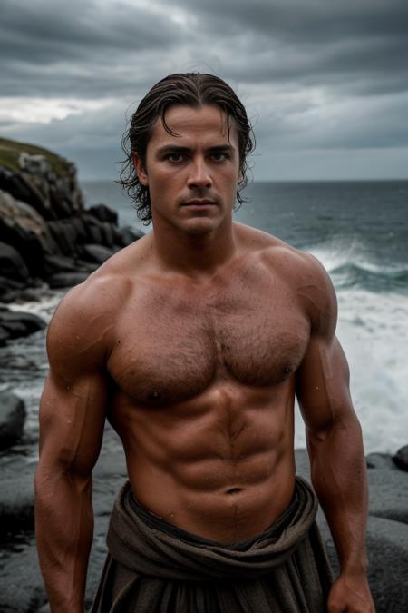 RAW photo, close-up portrait photo of [Achilles] from the movie Troy, standing in on a rocky beach overlooking the ocean, heavy clouds, rain, storm, shadows, 8k uhd, high quality, film grain, Fujifilm XT3