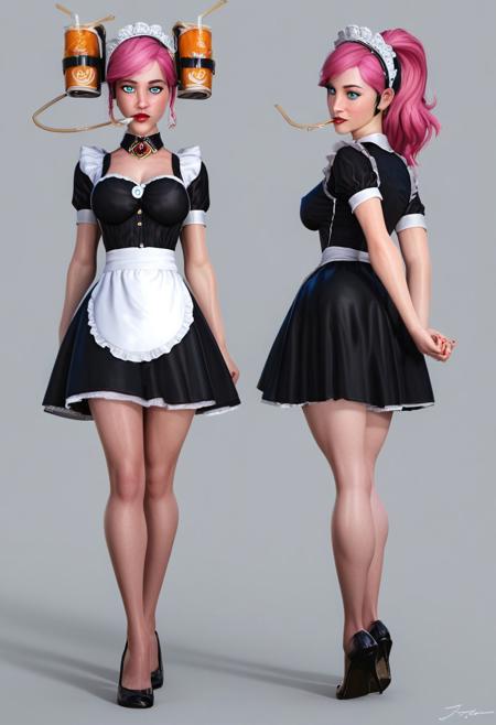 score_9, score_8_up, score_8_up, score_6, cinematic lighting, volumetric lighting, high-detailed, 4k, detail, hd,
poser_char_sheet, front and back, simple grey background, 
light skin, maid headdress, ponytail, brooch,pink hair,aqua eyes, lipstick, edgDrinking_helmet, wearing edgDrinking_helmet hat,drinking through straw, mouth hold, (full body),