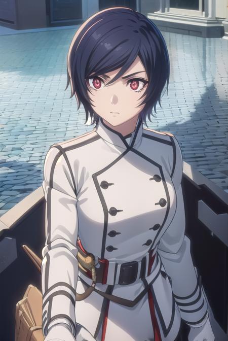 apprentice, short hair, black hair, (red eyes:1.3), hair between eyes, gloves, belt, white gloves, uniform, military, military uniform,