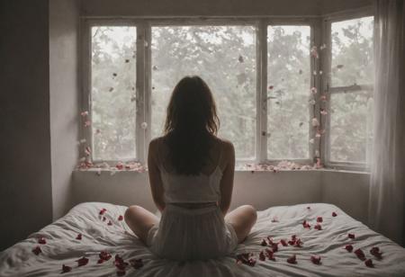 hyper realistic, 4k, bed with white sheets and rose petals all over it, a woman sitting on the bed facing away from the viewer, silhouetted by light coming through the window 
<lora:add-detail-xl:0.95> <lora:dvr-lnds-sdxl:0.3> dvr-lnds-sdxl <lora:MJ52:0.25> <lora:ral-apoctvisn-sdxl:0.3> ral-apoctvisn <lora:zavy-cntrst-sdxl:0.35> dark, chiaroscuro, low-key <lora:zavy-rmlght-sdxl:0.41> zavy-rmlght <lora:SDXLFaeTastic2400:0.225>