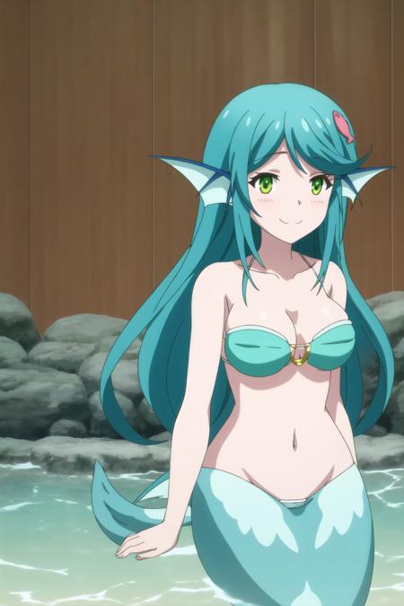 mimily, anime art style, 1girl, solo, long_hair, breasts, blush, smile, bangs, hair_ornament, cleavage, bare_shoulders, medium_breasts, closed_mouth, green_eyes, blue_hair, collarbone, swimsuit, upper_body, bikini, hairclip, looking_to_the_side, aqua_hair, monster_girl, mermaid, head_fins, shell, shell_bikini, shell_hair_ornament