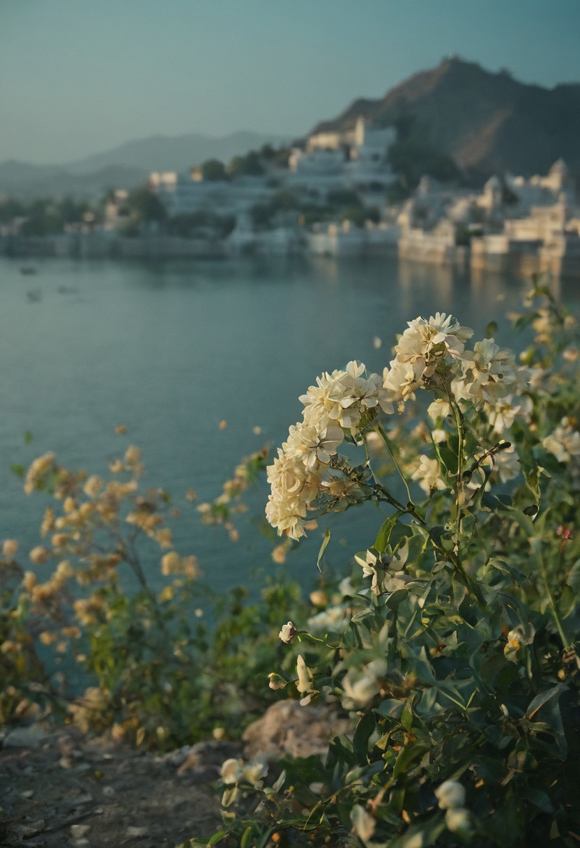 novuschroma74,flowers in foreground, city of lakes, background blur, the landscape of 'UDAIPUR" CITY,Film Grain style 4k, ray tracing, intricate details, highly-detailed, hyper-realistic, 8k RAW Editorial Photo. cinematic light, dramatic light, shallow depth of field, high budget, cinemascop,w<lora:novuschroma74 style:1>.