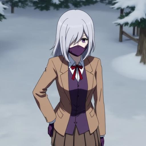 <lora:Seiko_Kimura_Flux:1>, This anime screencap is from Danganronpa the Animation. Seiko Kimura has shoulder length grey hair, purple eyes, and a pale complexion. Her left eye is covered by her hair. She's wearing her despair arc Hope's Peak Academy uniform which is a brown blazer over a purple vest with a dark red bow at the collar. She's wearing a brown pleated skirt with a dark brown belt. She has on dark grey stockings going just above her knees. She's wearing purple shoes. She's wearing purple gloves. Seiko is wearing her purple respirator mask covering her mouth. On Christmas Eve, Seiko is delivering medicine to a remote village. As she walks through the snowy streets, she encounters a group of children playing in the snow. They are excited to see her and ask her about her work as a pharmacist. Seiko, usually shy, finds herself opening up to the children and sharing stories about her passion for helping others.